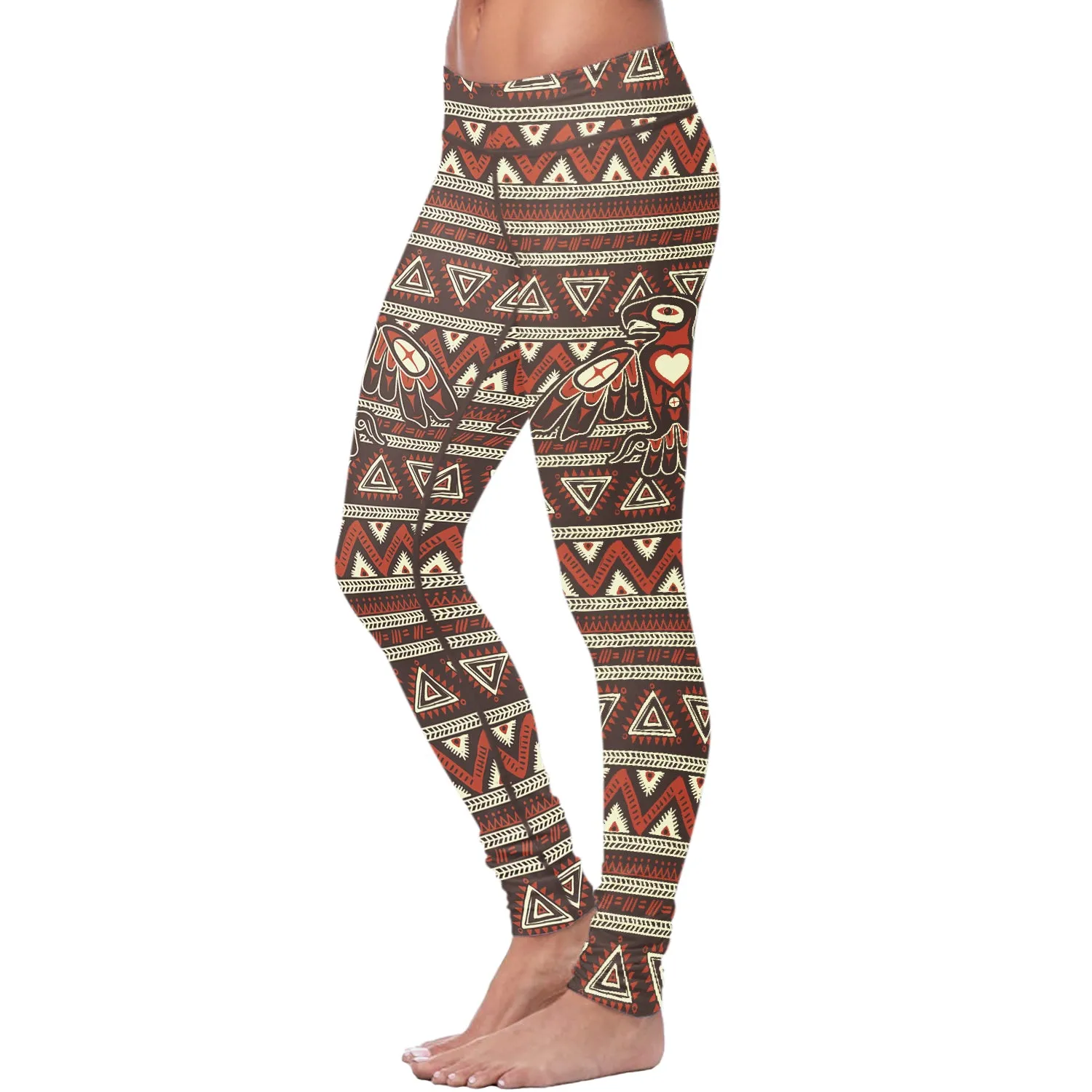 Native Bird Pattern Brown and Orange Leggings