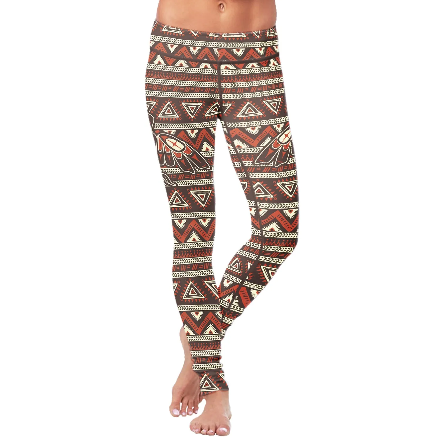 Native Bird Pattern Brown and Orange Leggings