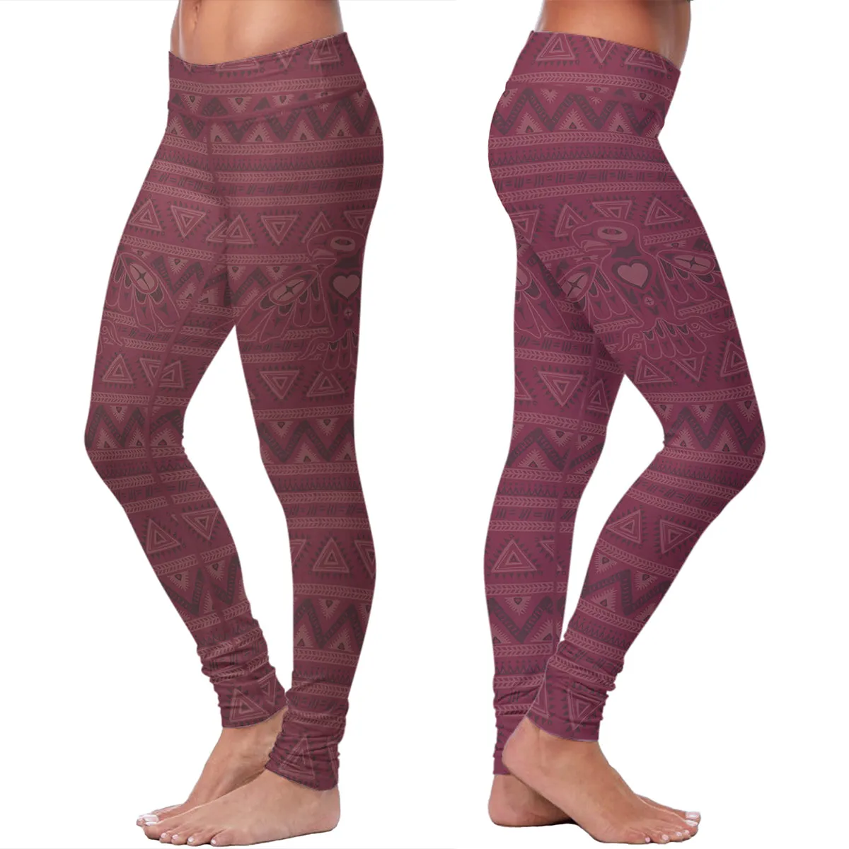 Native Bird Pattern Burgundy Leggings