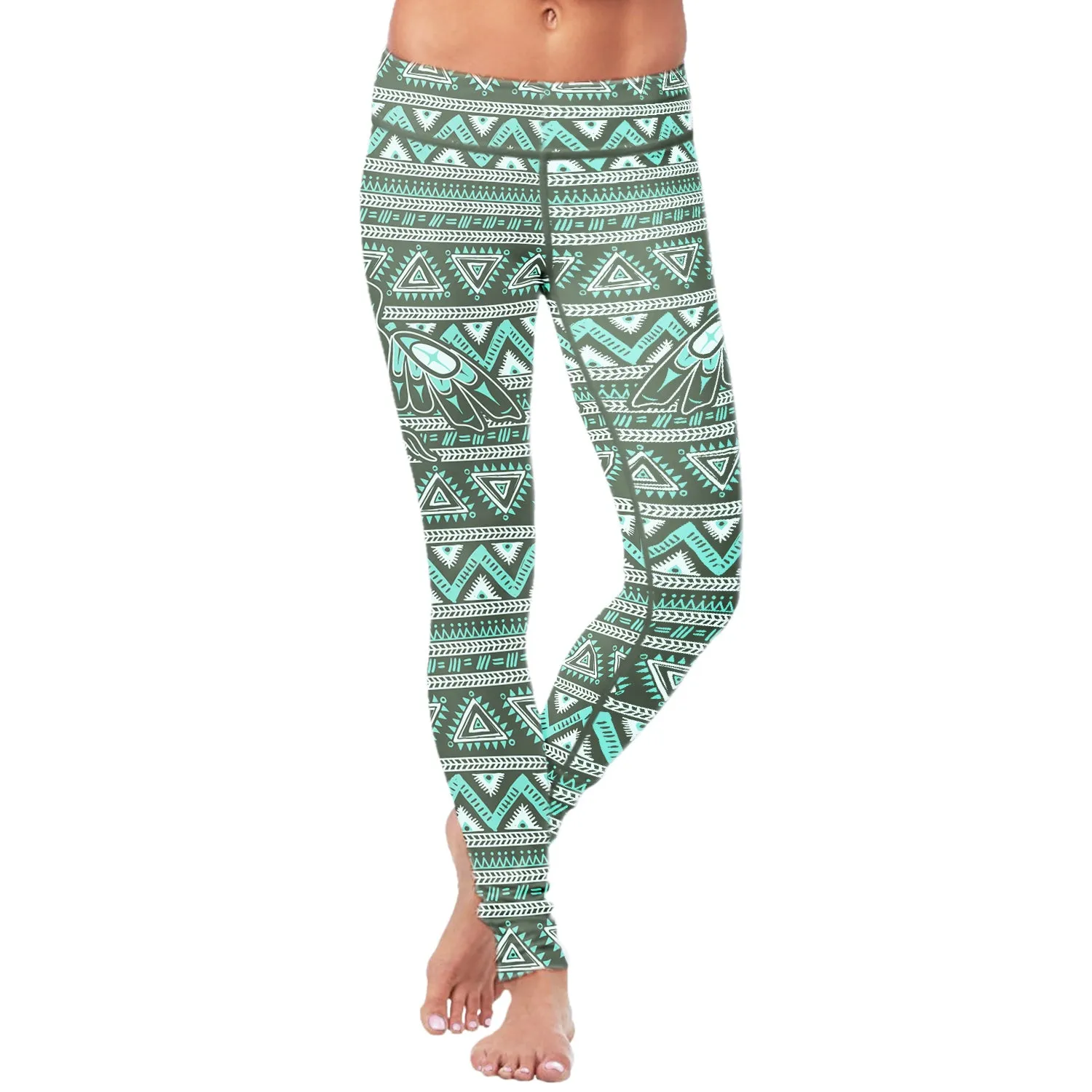 Native Bird Pattern Green Leggings