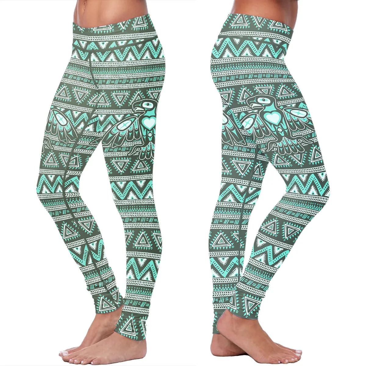 Native Bird Pattern Green Leggings