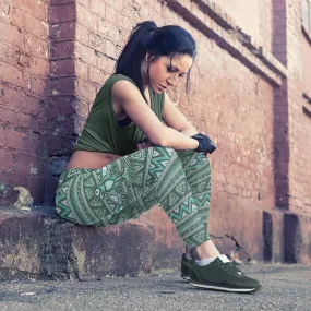 Native Bird Pattern Green Leggings