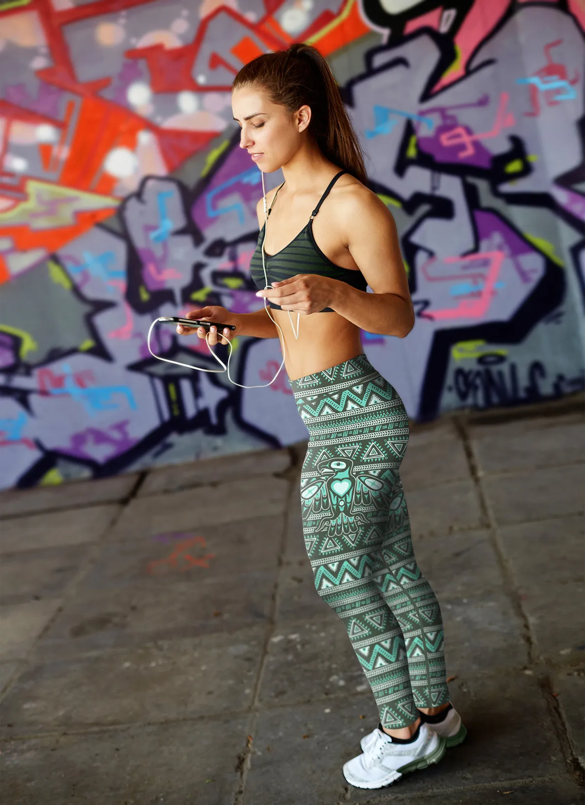 Native Bird Pattern Green Leggings