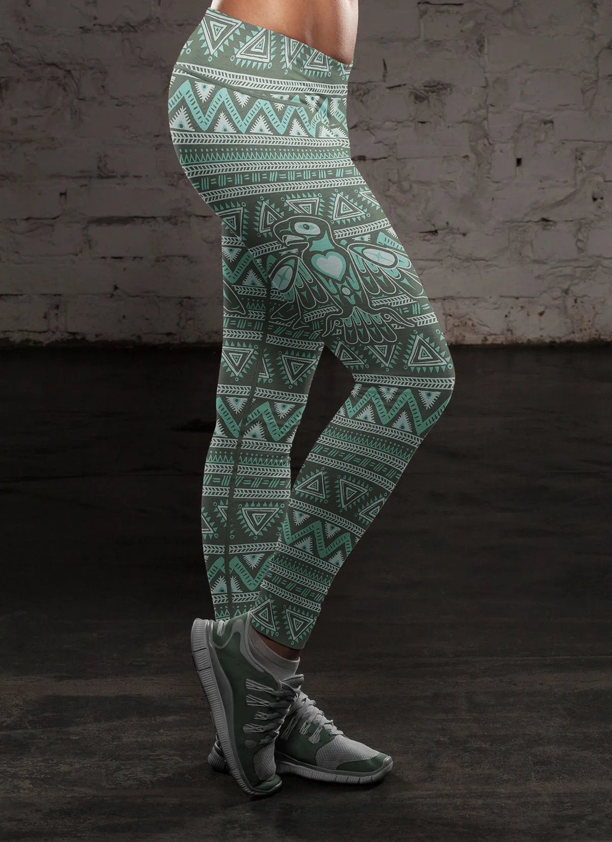 Native Bird Pattern Green Leggings