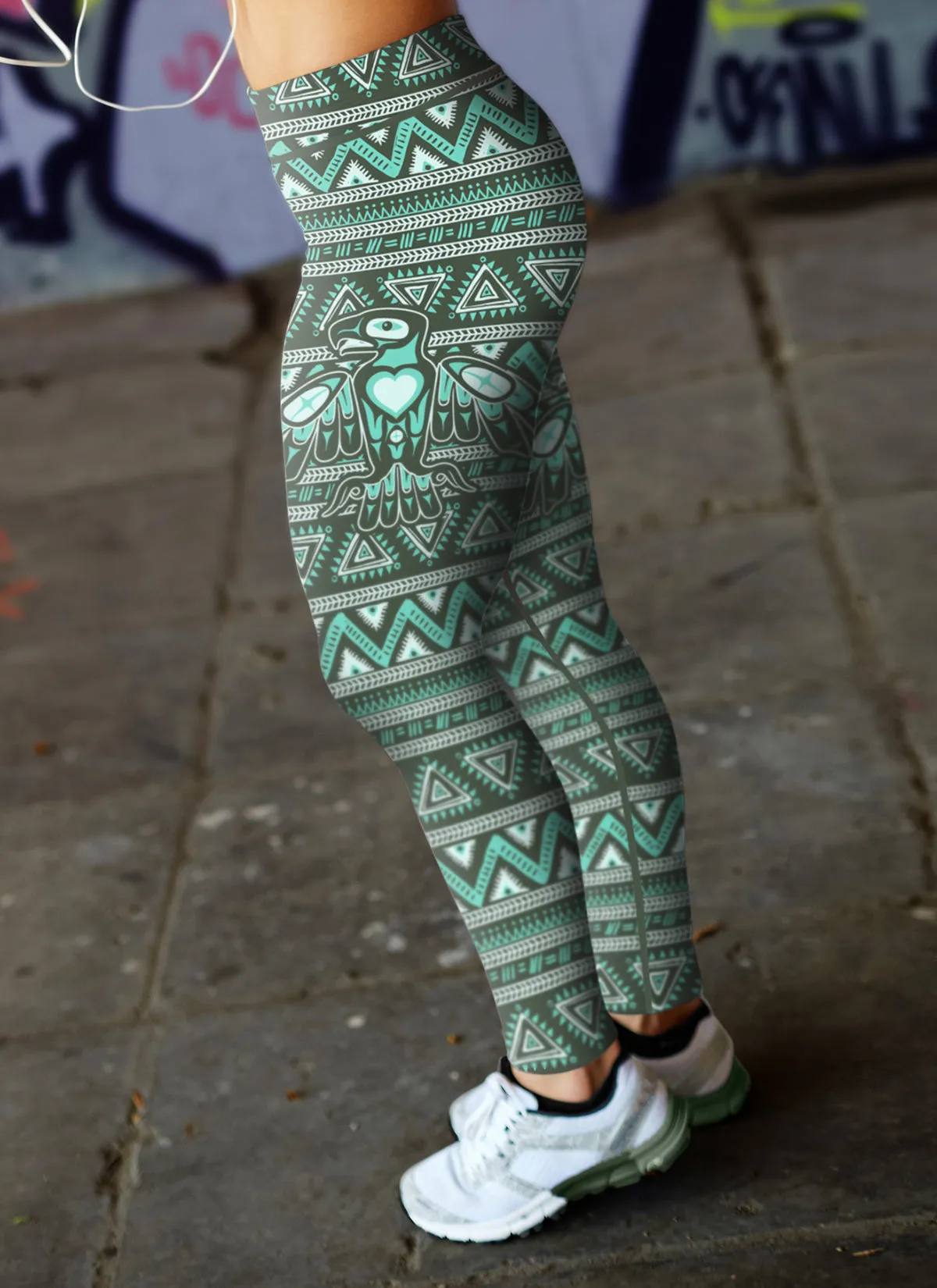 Native Bird Pattern Green Leggings