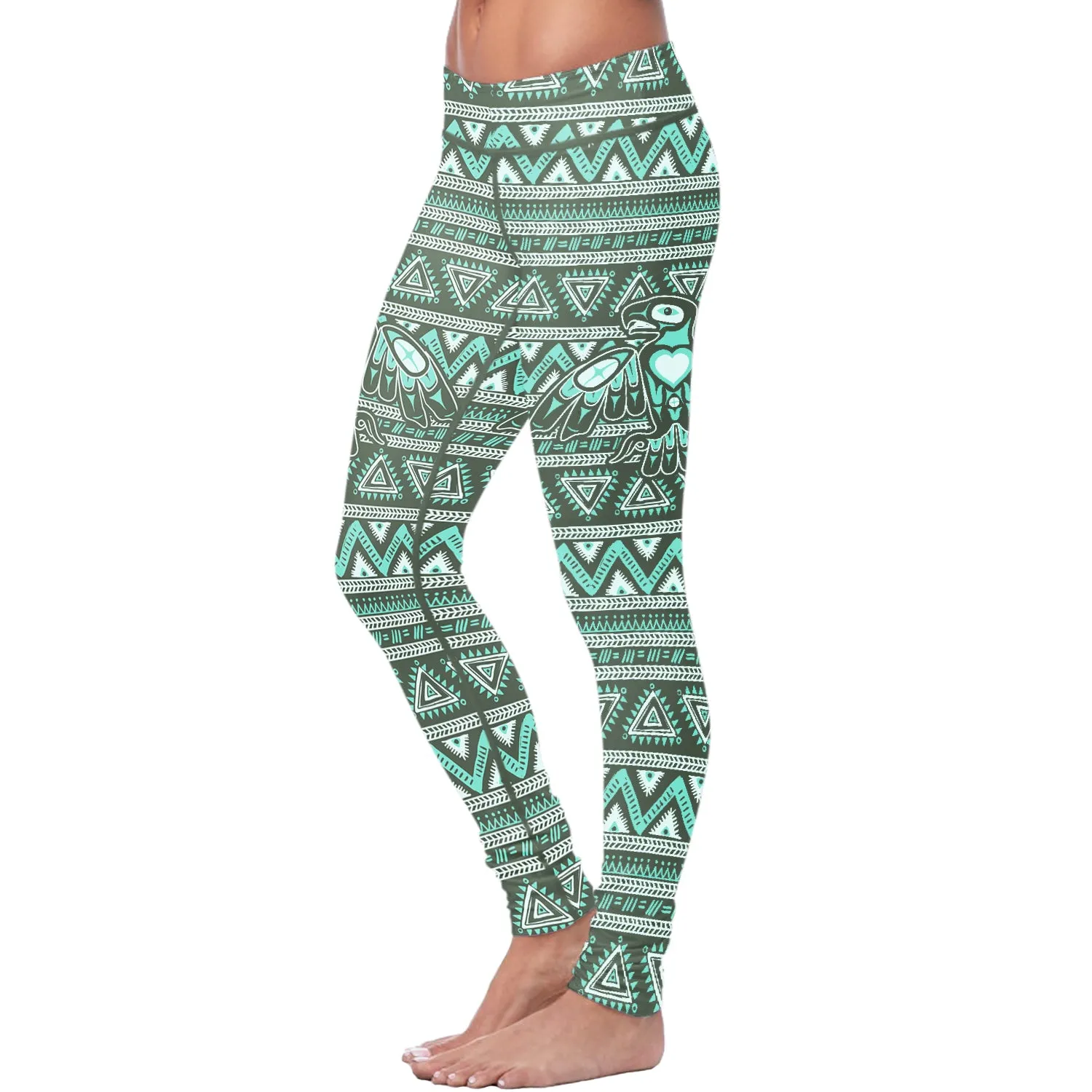 Native Bird Pattern Green Leggings