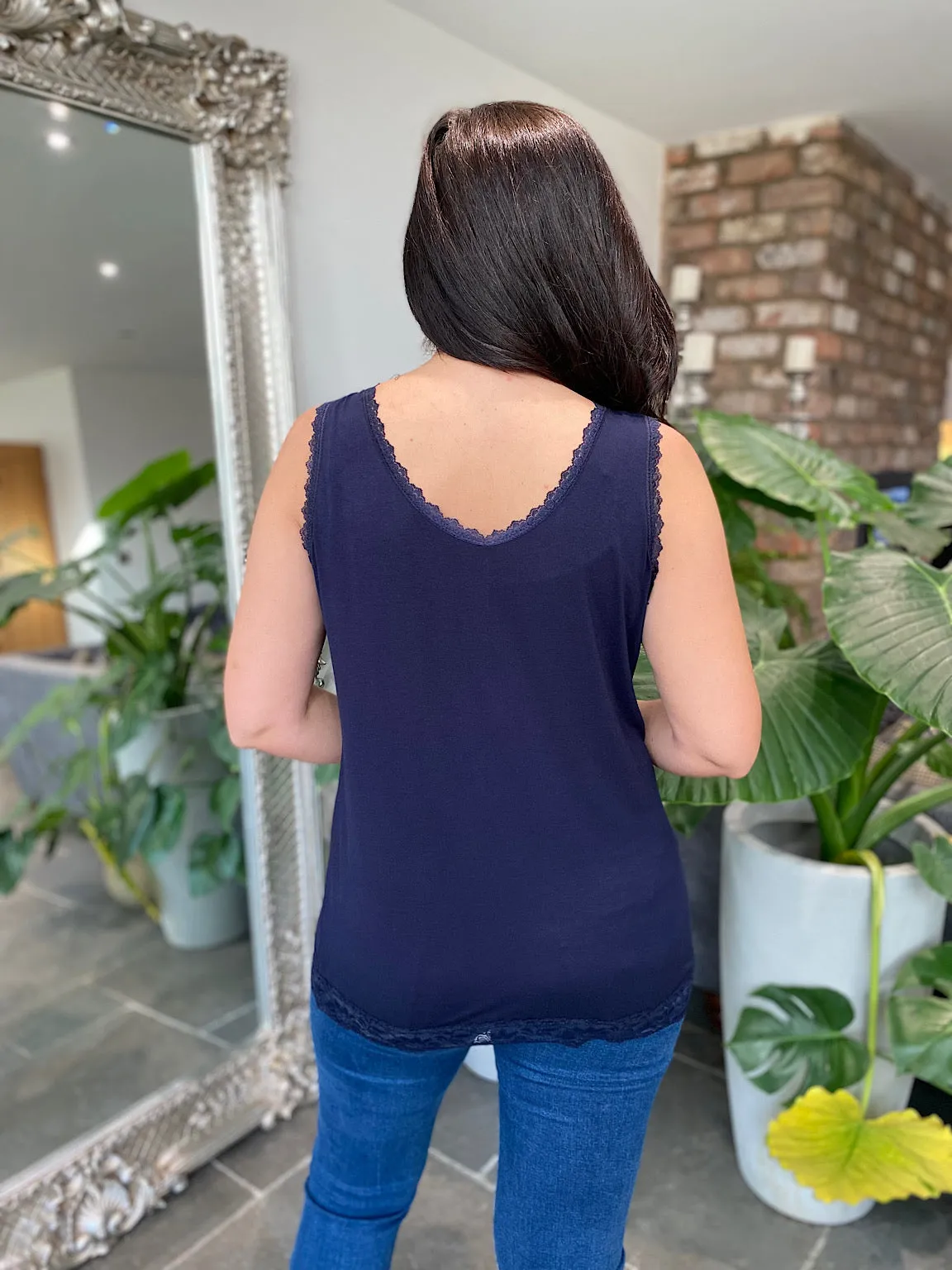 Navy Lace Trim Vest Top Ruth