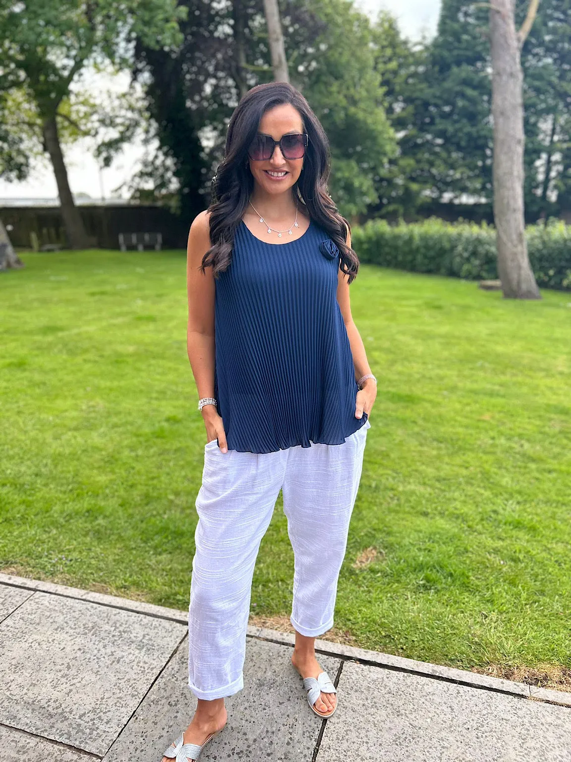 Navy Pleated Rose Vest Top Hazel