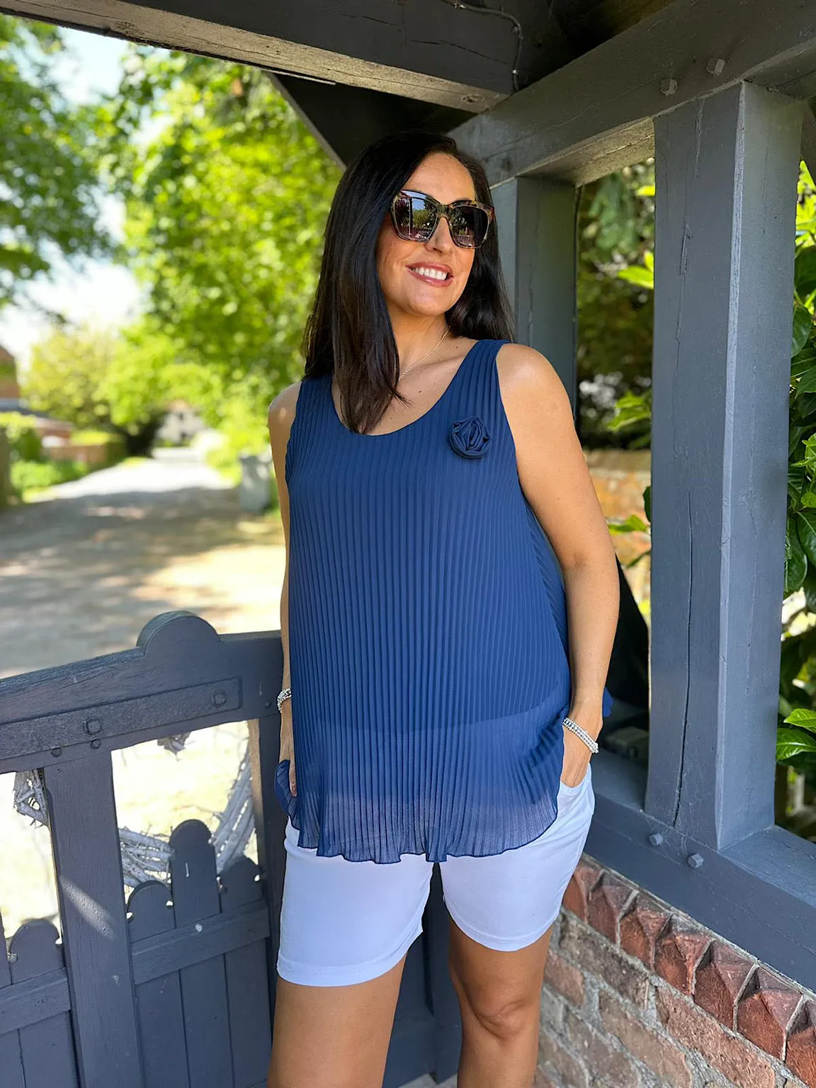 Navy Pleated Rose Vest Top Hazel