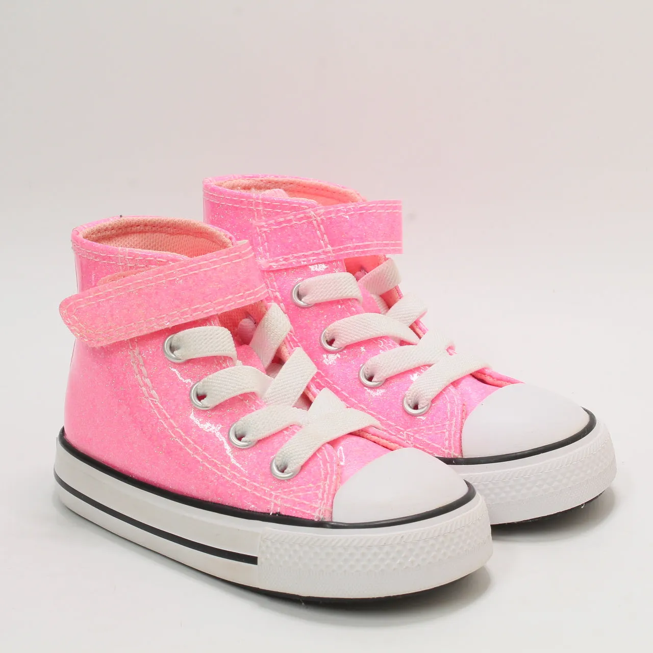 Odd Sizes - Kids Converse All Star Hi 1vlace Pink Glitter Sun Ray White  - UK Sizes Right 5 Infant/Left 6 Infant