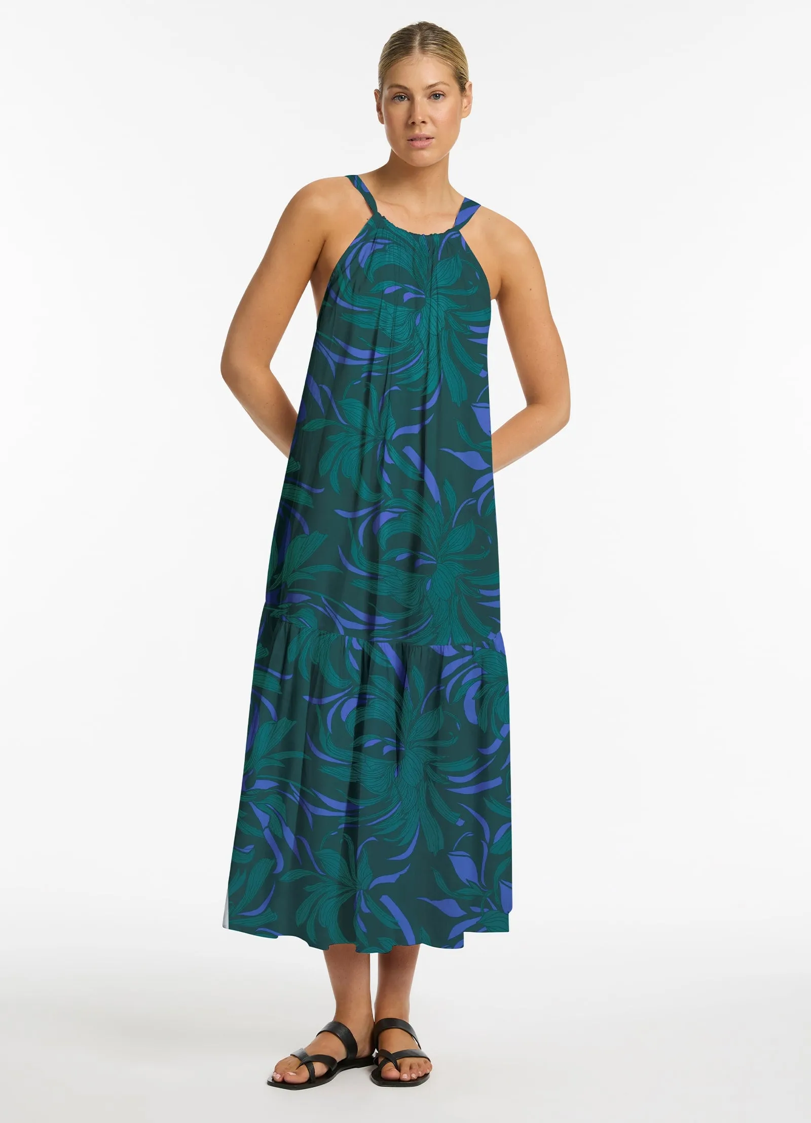 Queen Of The Night Tiered Halter Maxi Dress - Azul