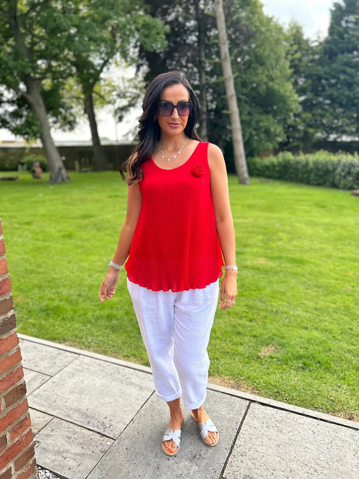 Red Pleated Rose Vest Top Hazel