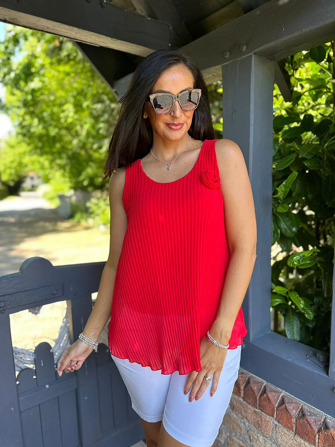 Red Pleated Rose Vest Top Hazel