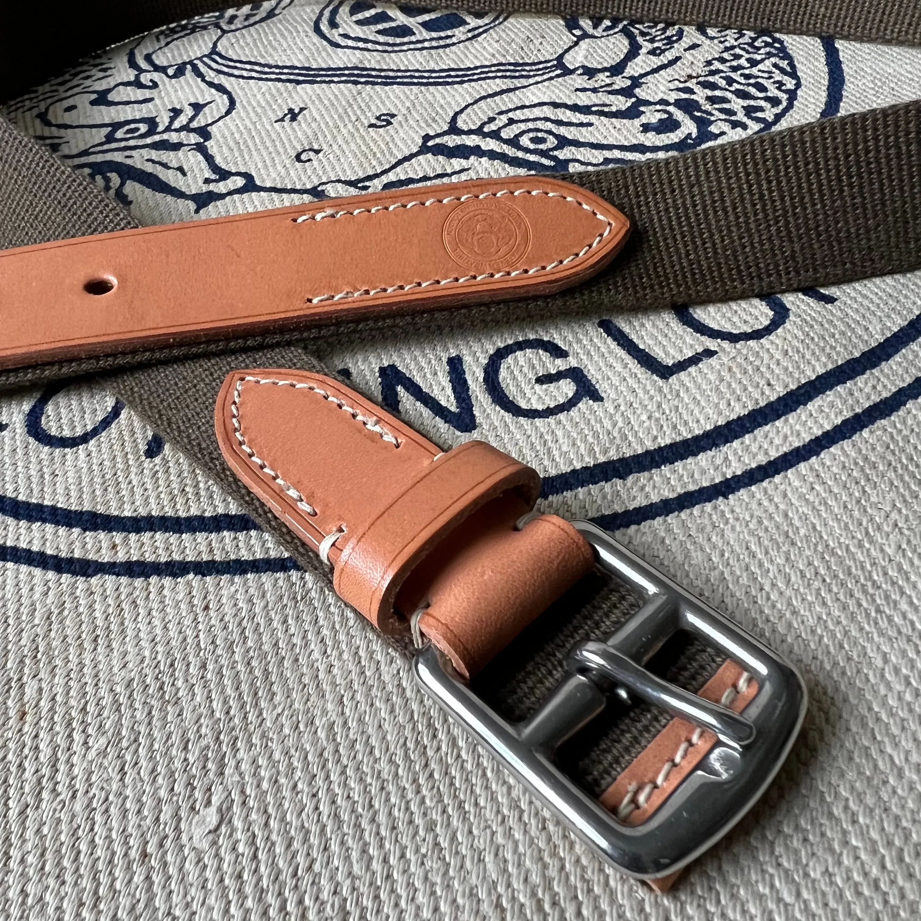 SAMPLE SALE - WEBBING AND LEATHER BELT - OLIVE / RUSSET narrow