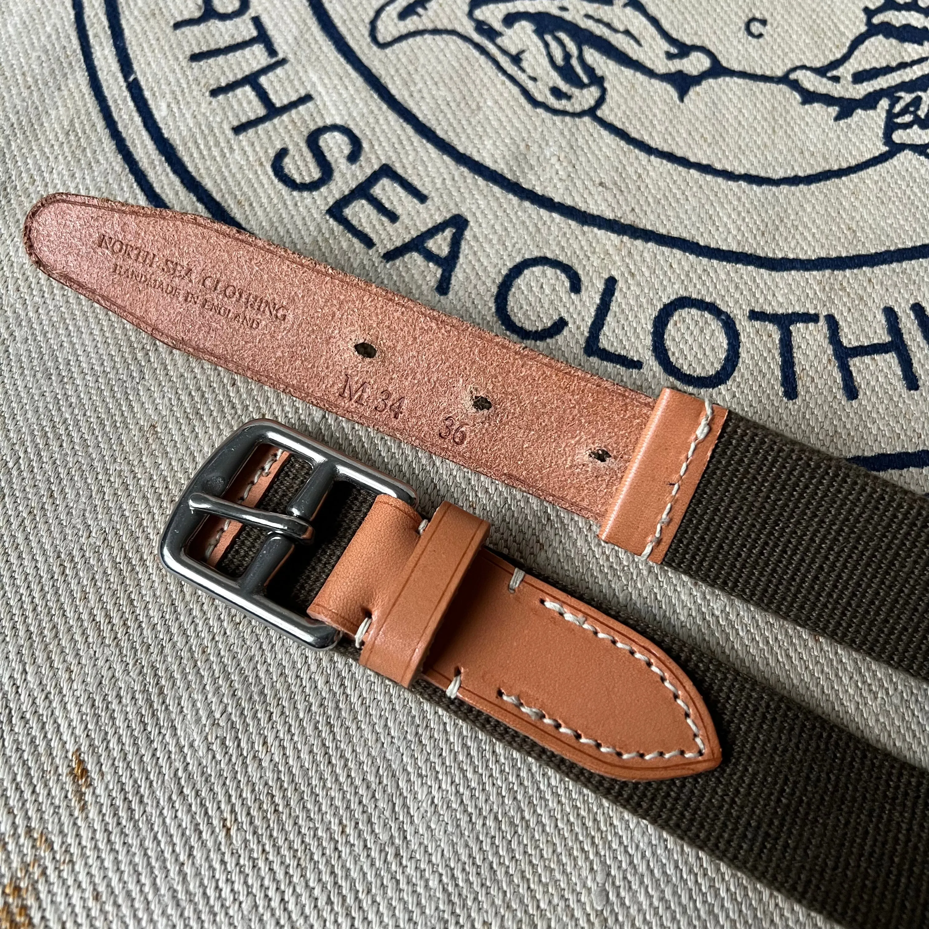 SAMPLE SALE - WEBBING AND LEATHER BELT - OLIVE / RUSSET narrow