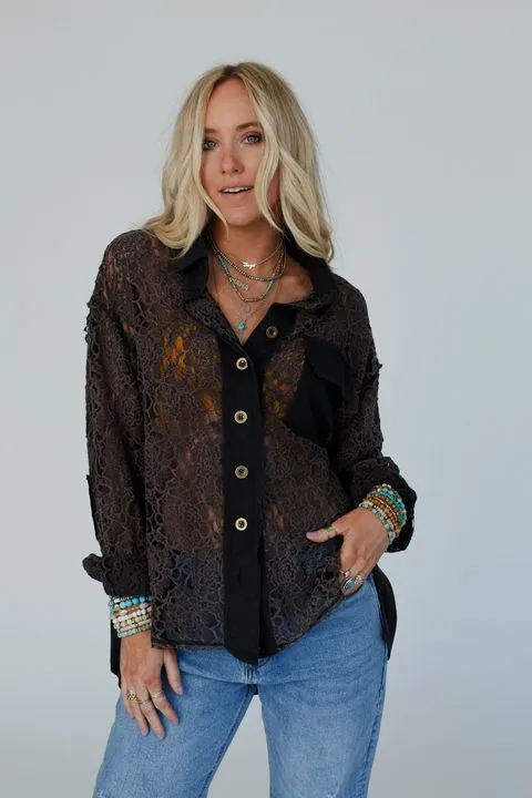 Sheer Romance Button Down Top - Black