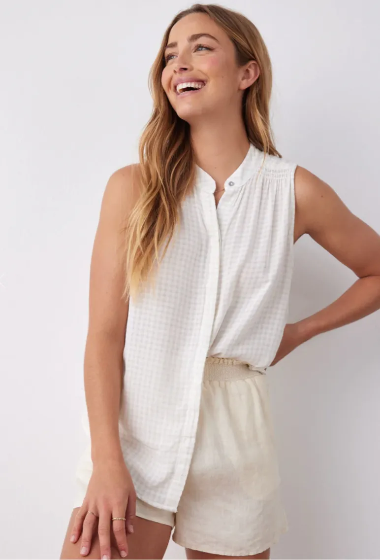 Sleeveless Smocked Button Down  Light Sand