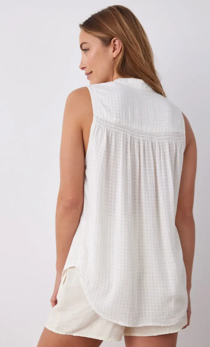 Sleeveless Smocked Button Down  Light Sand