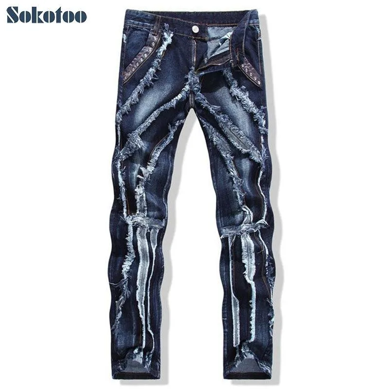 Slim Straight Patchwork Spliced Ripped Jeans