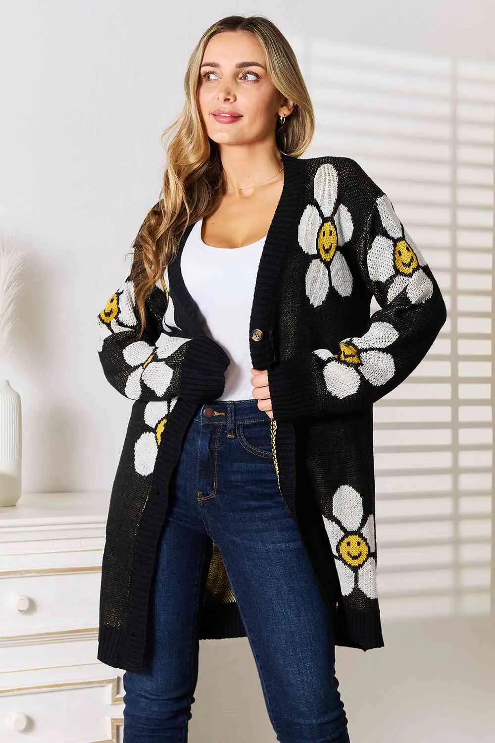 Smiley Floral Button Down Longline Cardigan