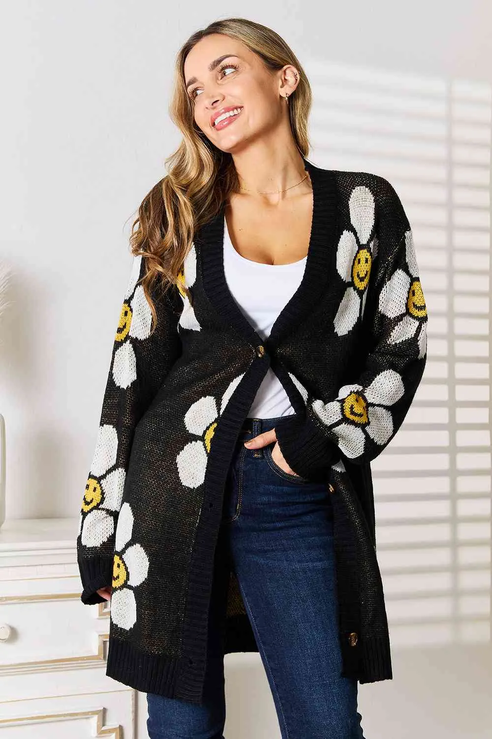 Smiley Floral Button Down Longline Cardigan