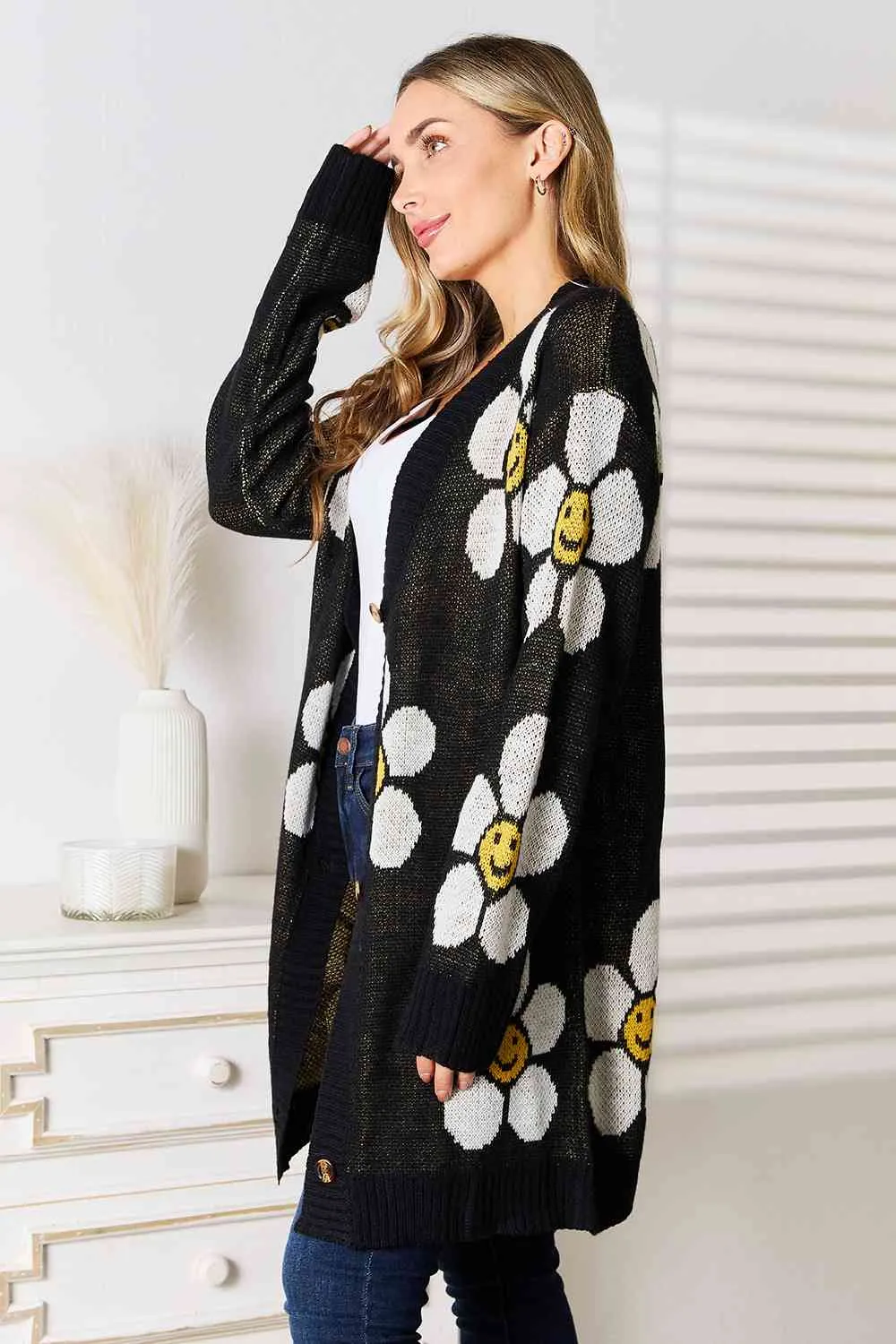 Smiley Floral Button Down Longline Cardigan