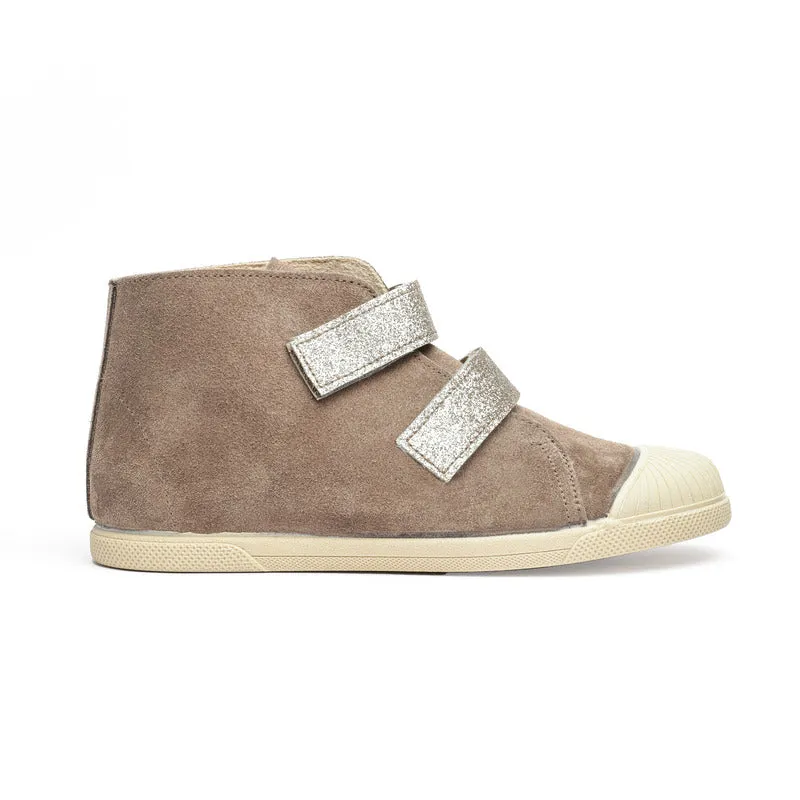 Suede High-Top Sneaker in Taupe with Glitter Straps