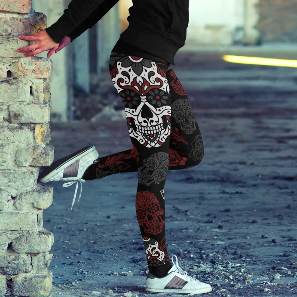 Sugar Skull Leggings Black and Red