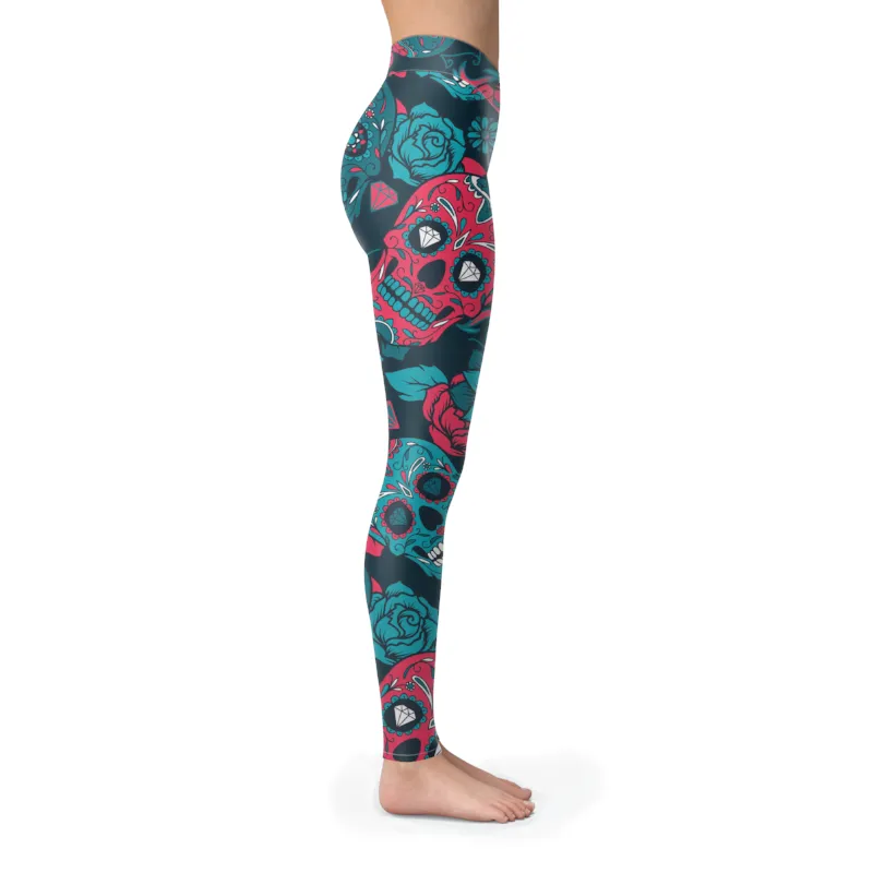 Sugar Skull Leggings Red & Turquoise