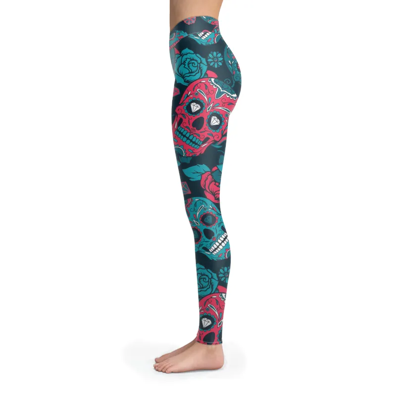 Sugar Skull Leggings Red & Turquoise