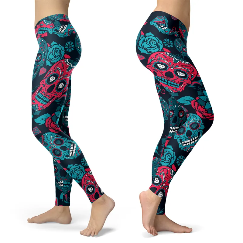 Sugar Skull Leggings Red & Turquoise