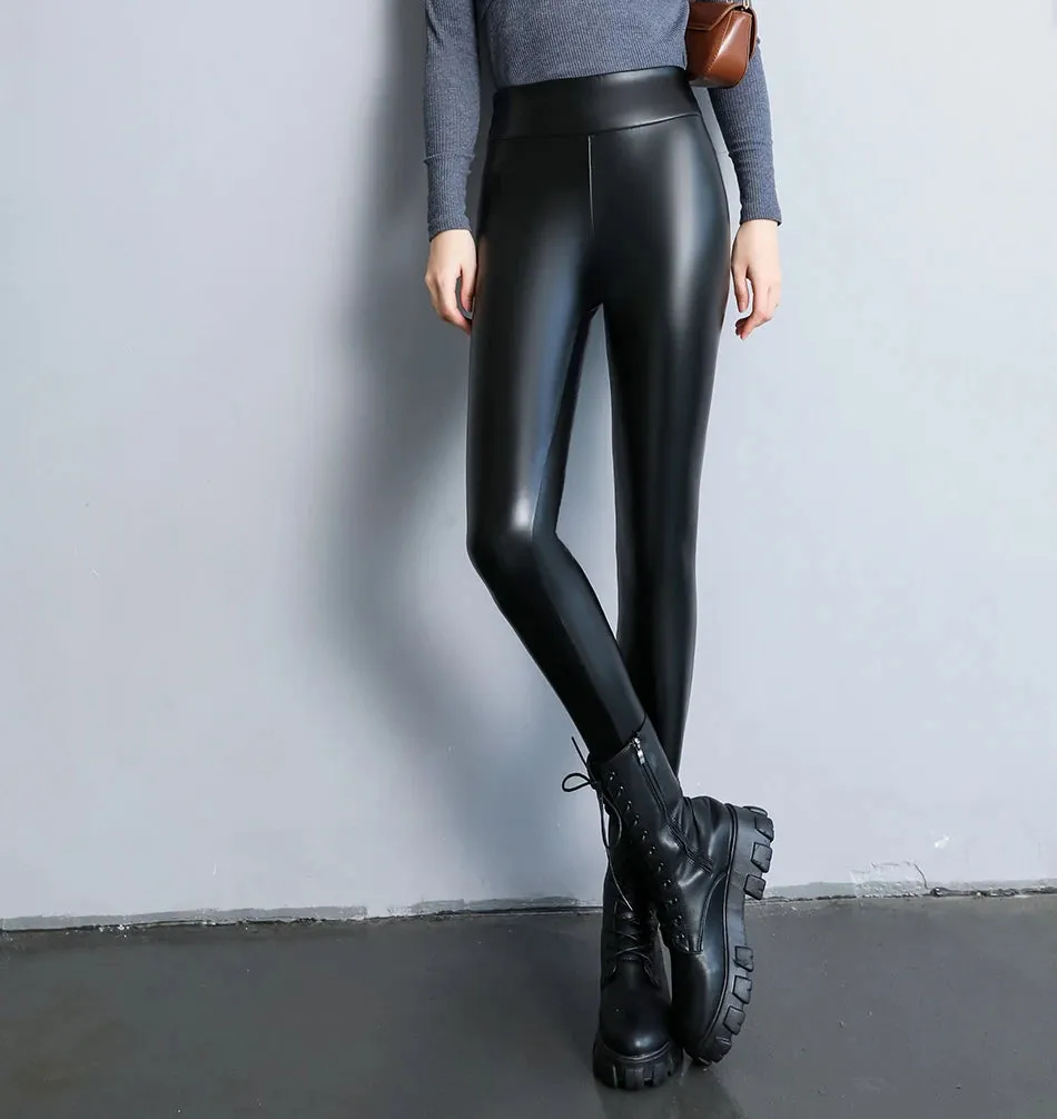 Thicken Fleece Tights High Waist Warm Pants PU Faux Leather