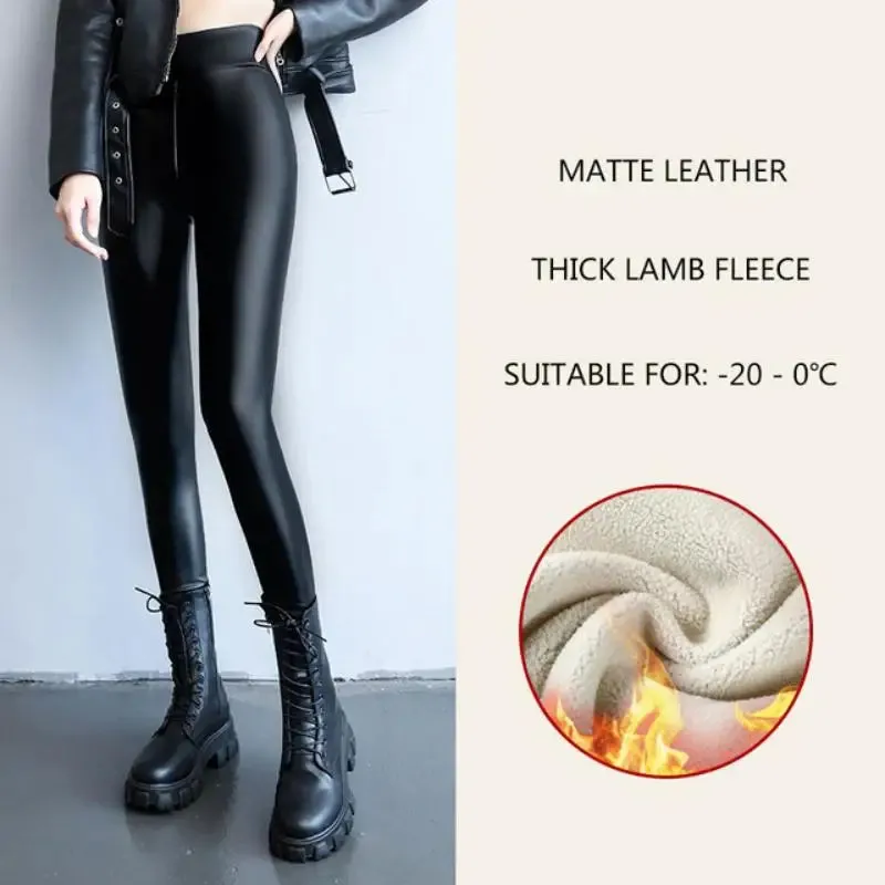 Thicken Fleece Tights High Waist Warm Pants PU Faux Leather