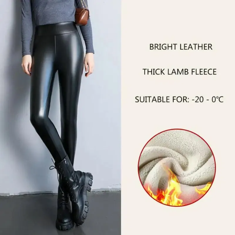 Thicken Fleece Tights High Waist Warm Pants PU Faux Leather