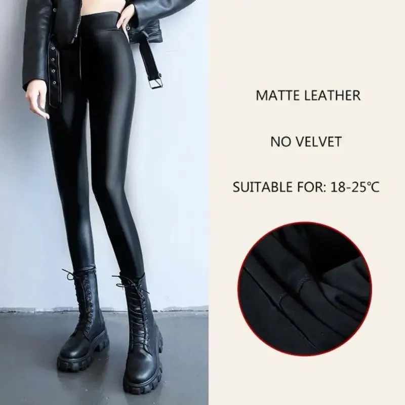 Thicken Fleece Tights High Waist Warm Pants PU Faux Leather