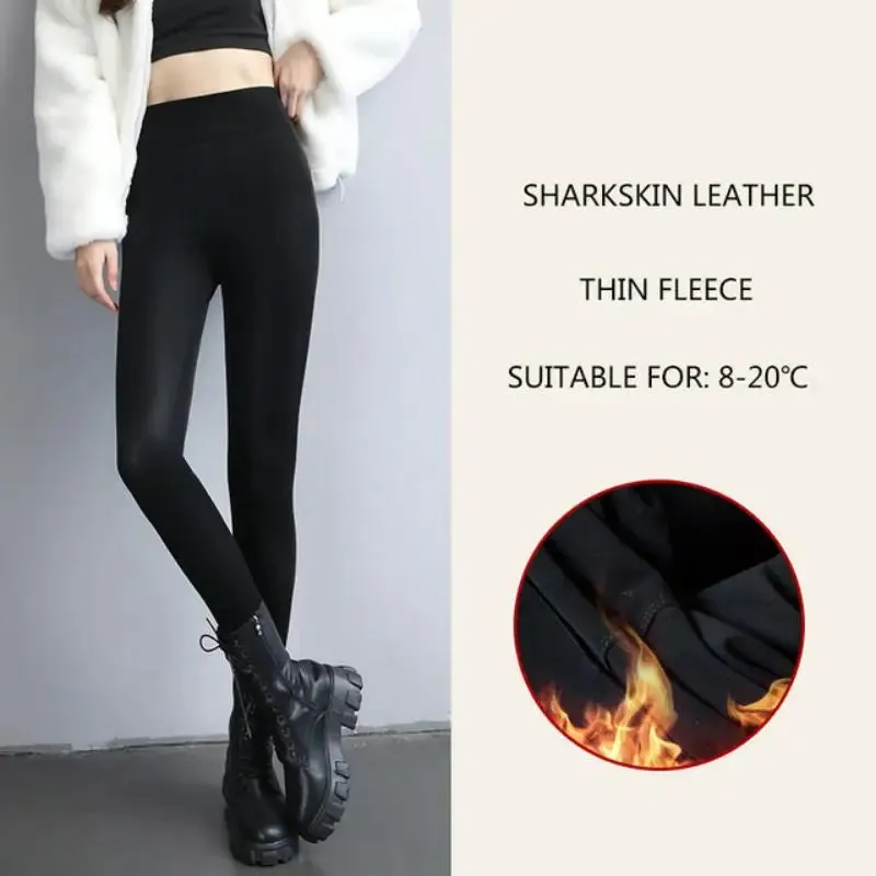 Thicken Fleece Tights High Waist Warm Pants PU Faux Leather