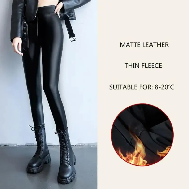 Thicken Fleece Tights High Waist Warm Pants PU Faux Leather