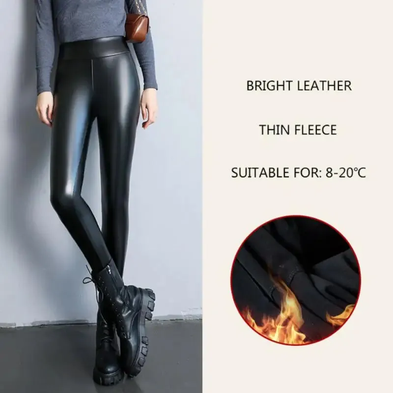 Thicken Fleece Tights High Waist Warm Pants PU Faux Leather