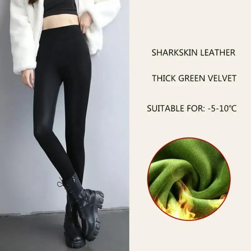 Thicken Fleece Tights High Waist Warm Pants PU Faux Leather