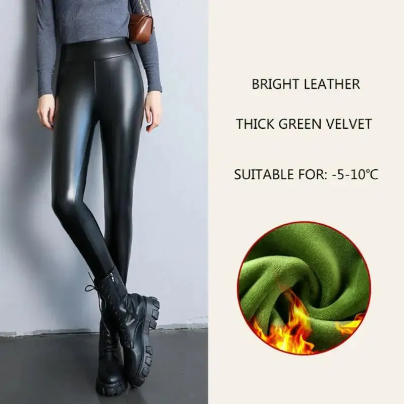 Thicken Fleece Tights High Waist Warm Pants PU Faux Leather