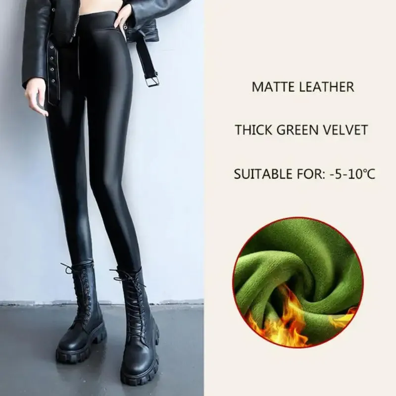 Thicken Fleece Tights High Waist Warm Pants PU Faux Leather