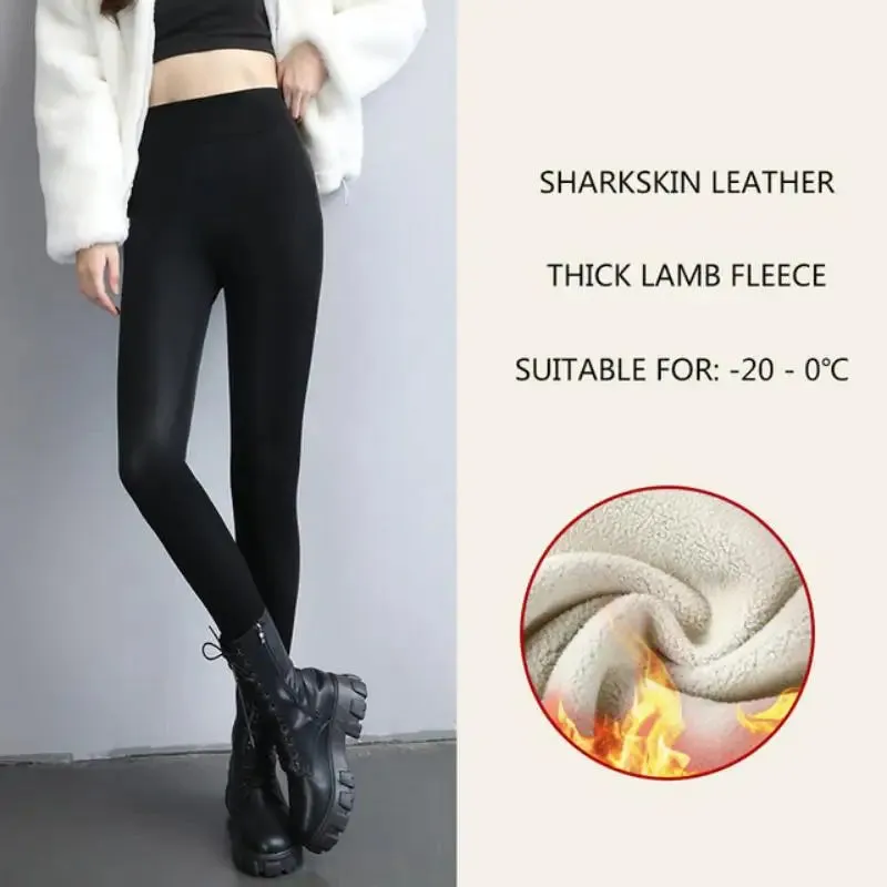 Thicken Fleece Tights High Waist Warm Pants PU Faux Leather