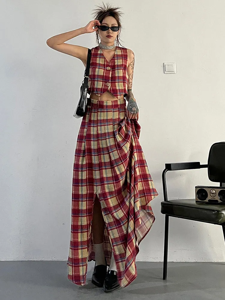 Tihee Plaid Cropped Vest - Red and Tan