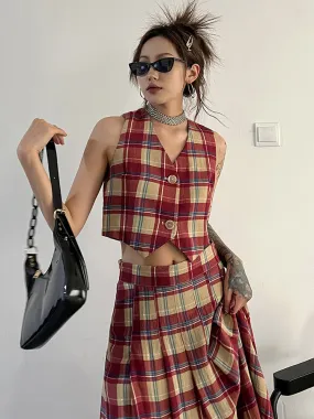 Tihee Plaid Cropped Vest - Red and Tan