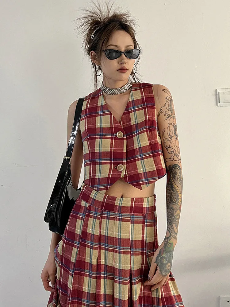 Tihee Plaid Cropped Vest - Red and Tan