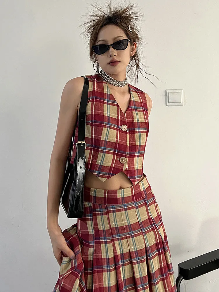 Tihee Plaid Cropped Vest - Red and Tan