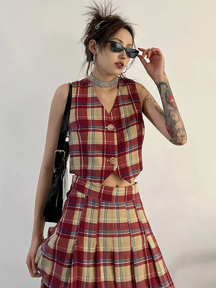 Tihee Plaid Cropped Vest - Red and Tan