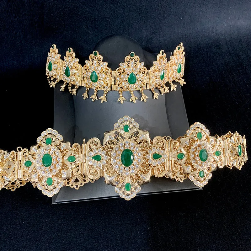 Traditional Moroccan Wedding Dress Belts In Gold Green Red Rhinestone