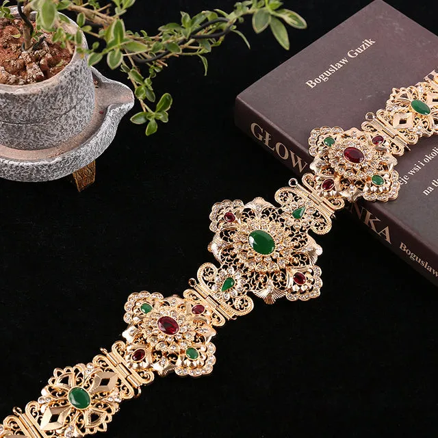 Traditional Moroccan Wedding Dress Belts In Gold Green Red Rhinestone