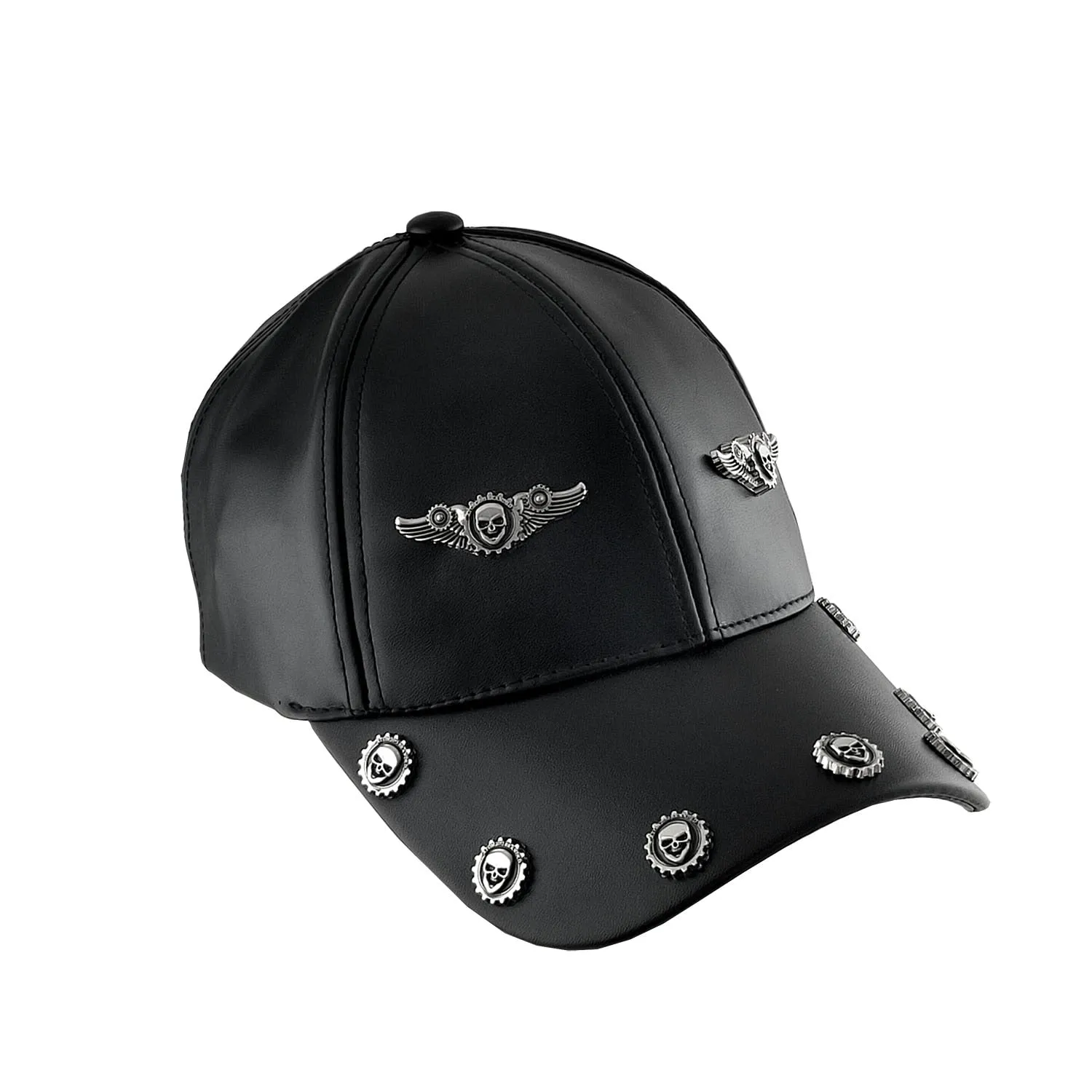 Unisex Hip Hop Skull Studded Synthetic Leather Adjustable Baseball Hat